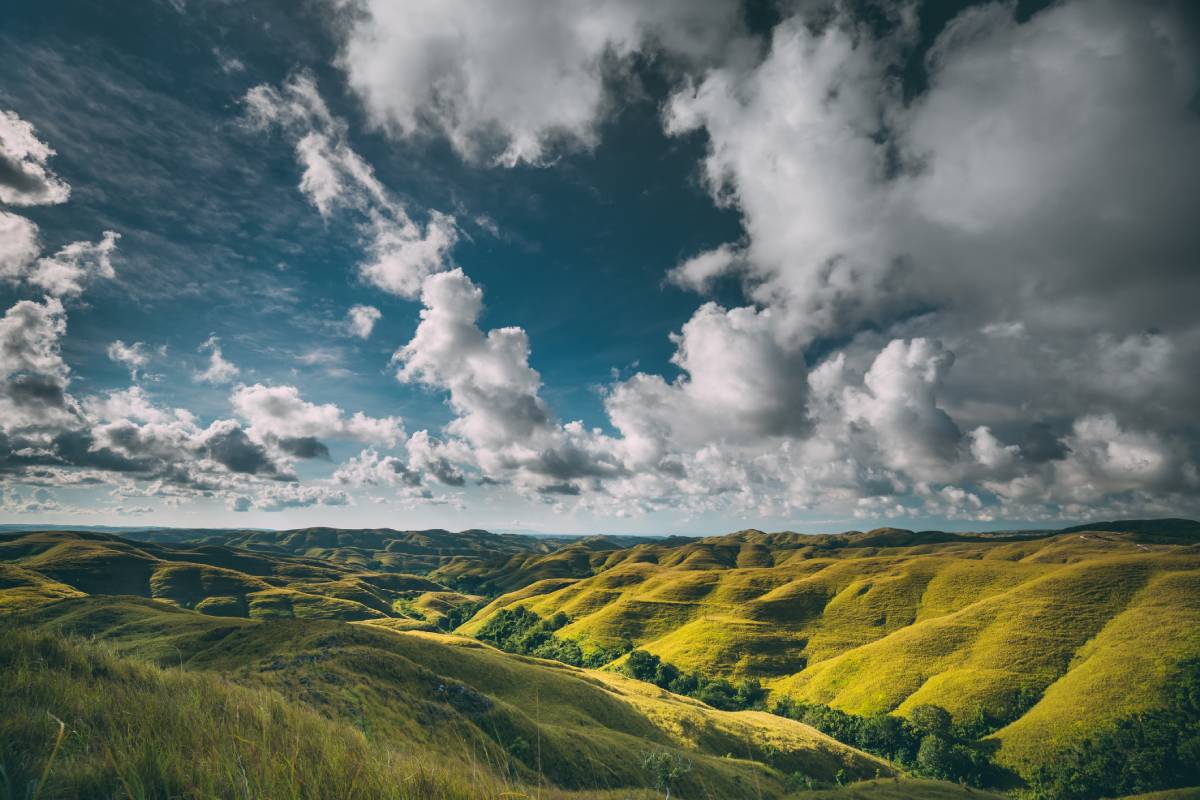 Green hills against blue cloudy sky. Beautiful landscape. Amazing scene of stunning meadows covered with the dense grass. Sumba island, Indonesia. Untouched wild nature. Travel, holidays, recreation