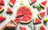 Red slices of ripe watermelon with mint leaves and lime slices on a white background. Top view, flat lay